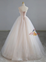 Pink Tulle Strapless Beading Prom Dress