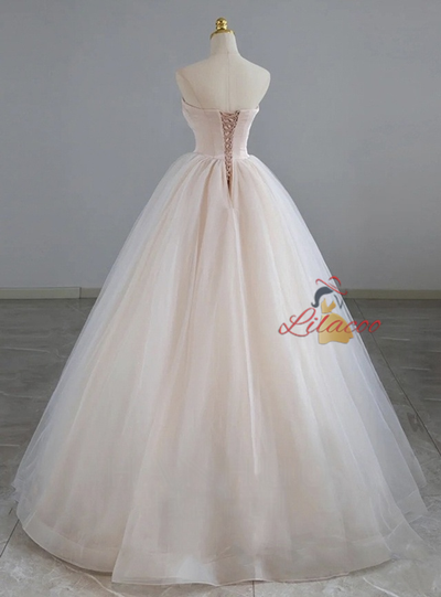 Pink Tulle Strapless Beading Prom Dress
