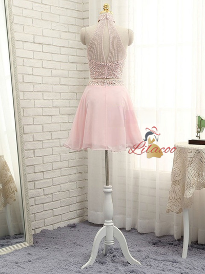 Pink Chiffon Halter Beading Homecoming Dress