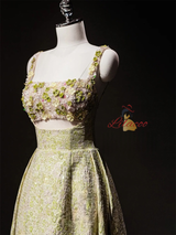 Green Straps Flower Beading Prom Dress