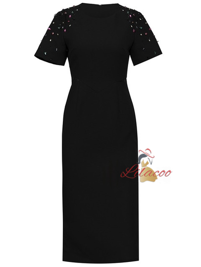 Black Short Sleeve Crystal Mother Of the Brides Dress