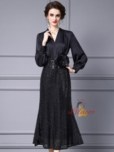 Long Sleeve V-neck Sequins Mother Of The Bride Dress