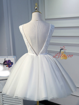White Tulle Lace V-neck Homecoming Dress