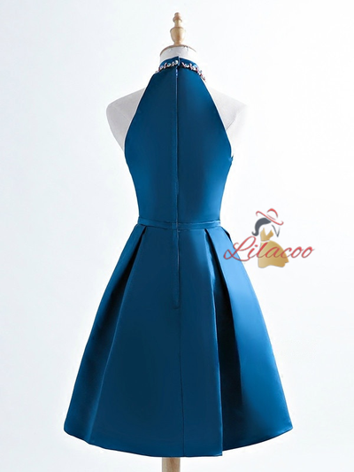 Blue Satin High Neck Beading Homecoming Dress
