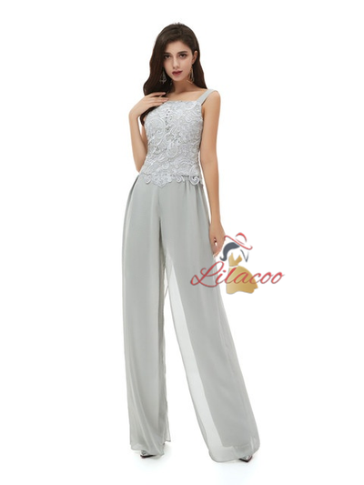 Gray Chiffon Lace 3 Piece Mother Of the Bride Dress