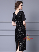 Black V-neck Sequins Mother Of The Bride Dress