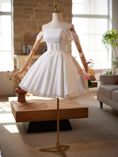 White Satin Lace Straps Pleats Homecoming Dress