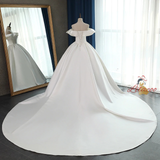 White Satin Off the Shoulder Wedding Dress
