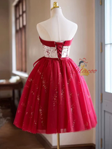 Burgundy Tulle Sequins Strapless Homecoming Dress