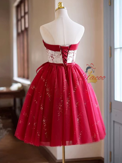 Burgundy Tulle Sequins Strapless Homecoming Dress