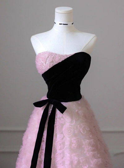 Pink Tulle Off the Shoulder Black Velvet Prom Dress