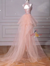 Pink Mermaid Sequins Tulle Beading Prom Dress