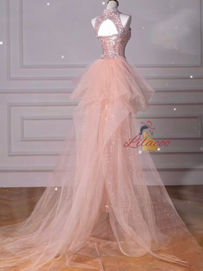 Pink Mermaid Sequins Tulle Beading Prom Dress