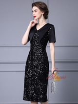 Black V-neck Sequins Mother Of The Bride Dress