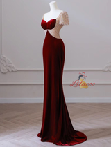 Burgundy Velvet Short Sleeve Beading Prom Dress