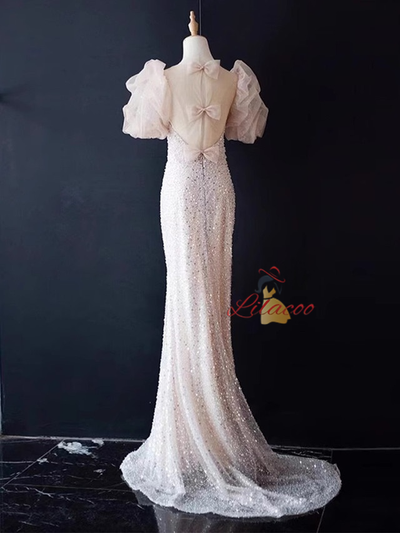 Pink Mermaid Sequins Puff Sleeve Prom Dress