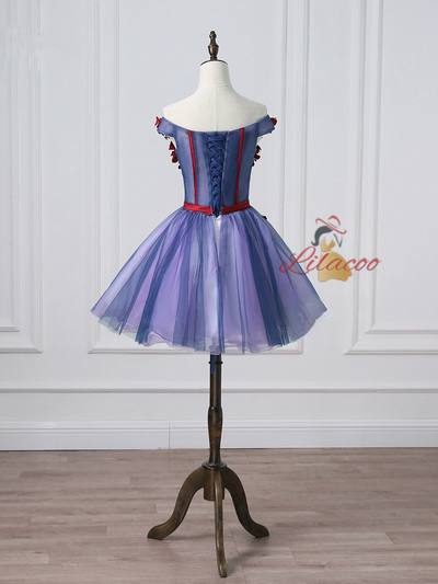 Purple Tulle Off the Shoulder Flower Homecoming Dress