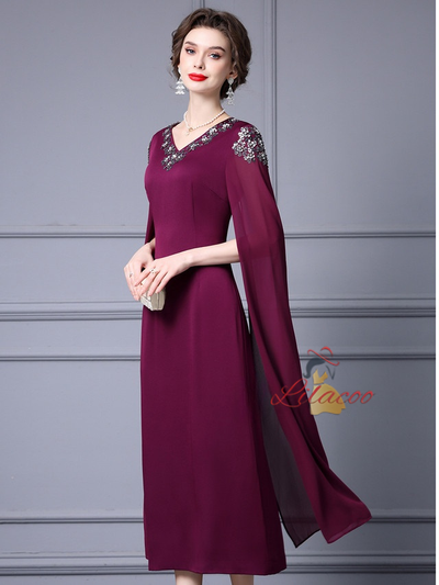 Dark Purple V-neck Mother Of The Bride Dress