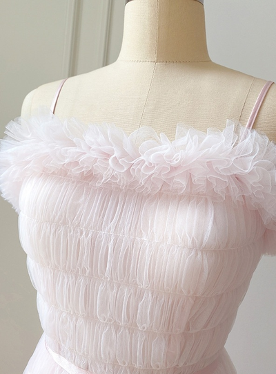 Pink Tulle Spaghetti Straps Prom Dress