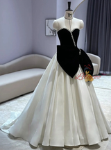 White Satin Black Velvet Bow Prom Dress