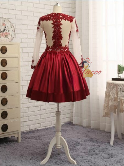 Burgundy Satin Lace Long Sleeve Homecoming Dress