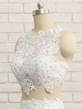 White Tulle Lace Two Piece Homecoming Dress