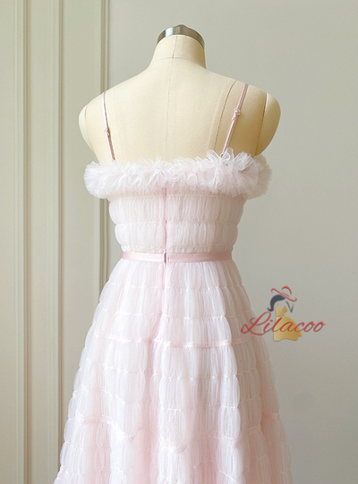 Pink Tulle Spaghetti Straps Prom Dress
