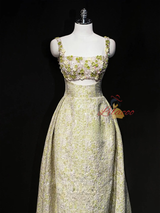 Green Straps Flower Beading Prom Dress