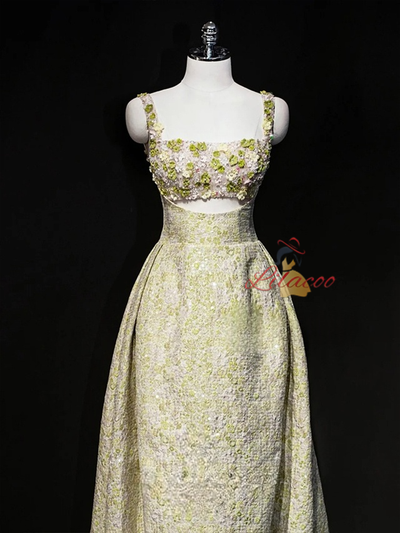 Green Straps Flower Beading Prom Dress