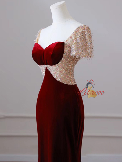 Burgundy Velvet Short Sleeve Beading Prom Dress