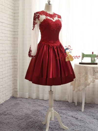 Burgundy Satin Lace Long Sleeve Homecoming Dress