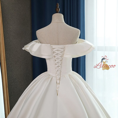 White Satin Off the Shoulder Wedding Dress