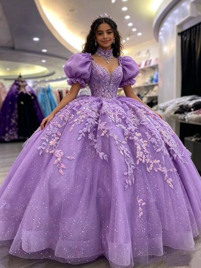 Purple Puff Sleeve Appliques Quinceanera Dress