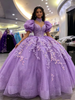 Purple Puff Sleeve Appliques Quinceanera Dress