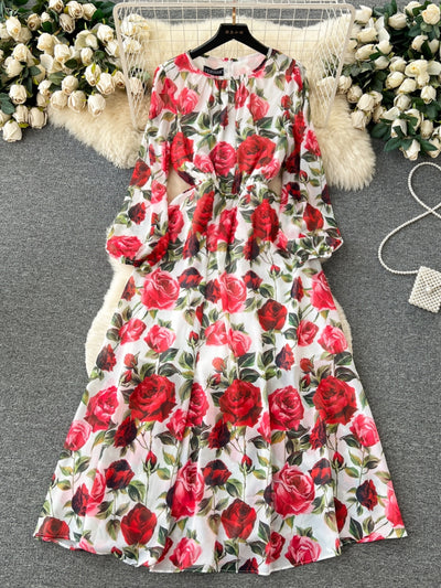 Chiffon Rose Printing Long Sleeve Casual Beach Dress