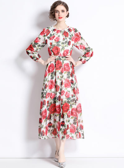 Chiffon Rose Printing Long Sleeve Casual Beach Dress