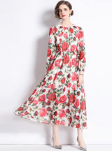 Chiffon Rose Printing Long Sleeve Casual Beach Dress