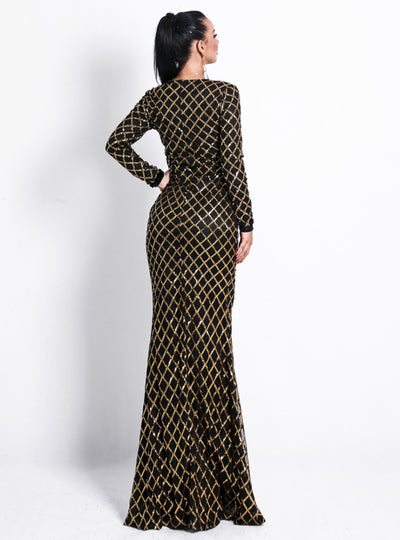 Long Sleeve Plaid Round Neck Dress Evening Sequined Dress