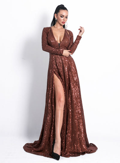 Sexy Deep V Hollow Pleated Split Sequined Evening Dress 
