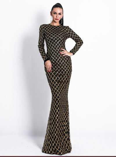 Long Sleeve Plaid Round Neck Dress Evening Sequined Dress