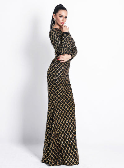 Long Sleeve Plaid Round Neck Dress Evening Sequined Dress