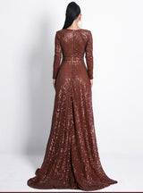 Sexy Deep V Hollow Pleated Split Sequined Evening Dress 