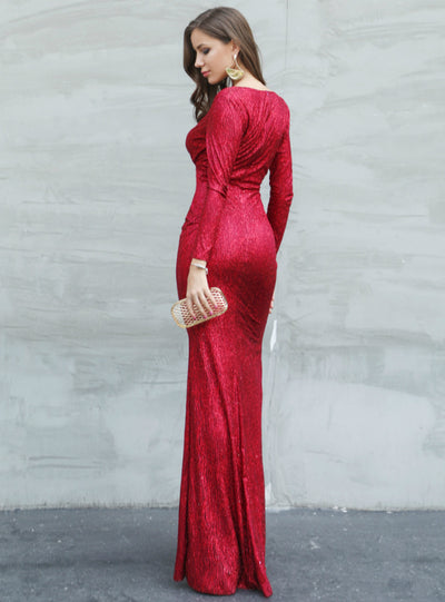 V-neck Long Sleeve Split Fork Sequins Party Dress
