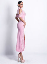 Sexy White Drop Shoulder Pearl Small High Collar Split Fork