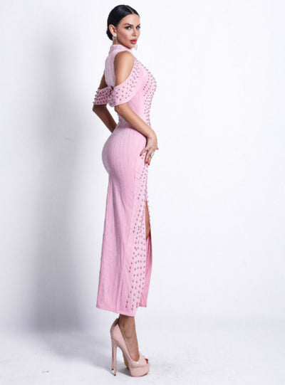 Sexy White Drop Shoulder Pearl Small High Collar Split Fork