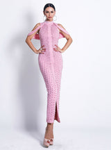 Sexy White Drop Shoulder Pearl Small High Collar Split Fork