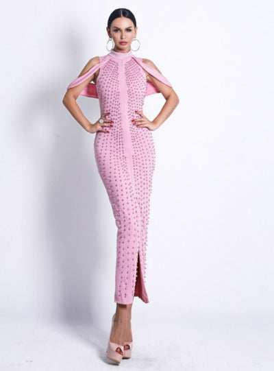 Sexy White Drop Shoulder Pearl Small High Collar Split Fork