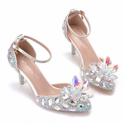 7 cm Stiletto Pointed Crystal Glass Flower Sandals