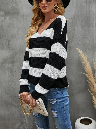 Loose Stitching V-neck Striped Sweater