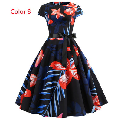 Retro Printed Short Sleeve Lace-up Dress